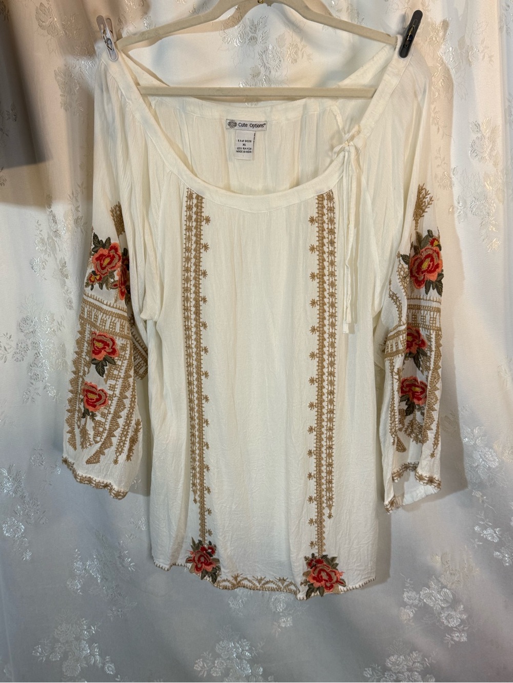 Cream Embroidered Boho Tunic Top with Red Rose Accents